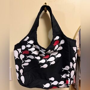 Fighting Eel Black Tote with White & Red Fish Motif